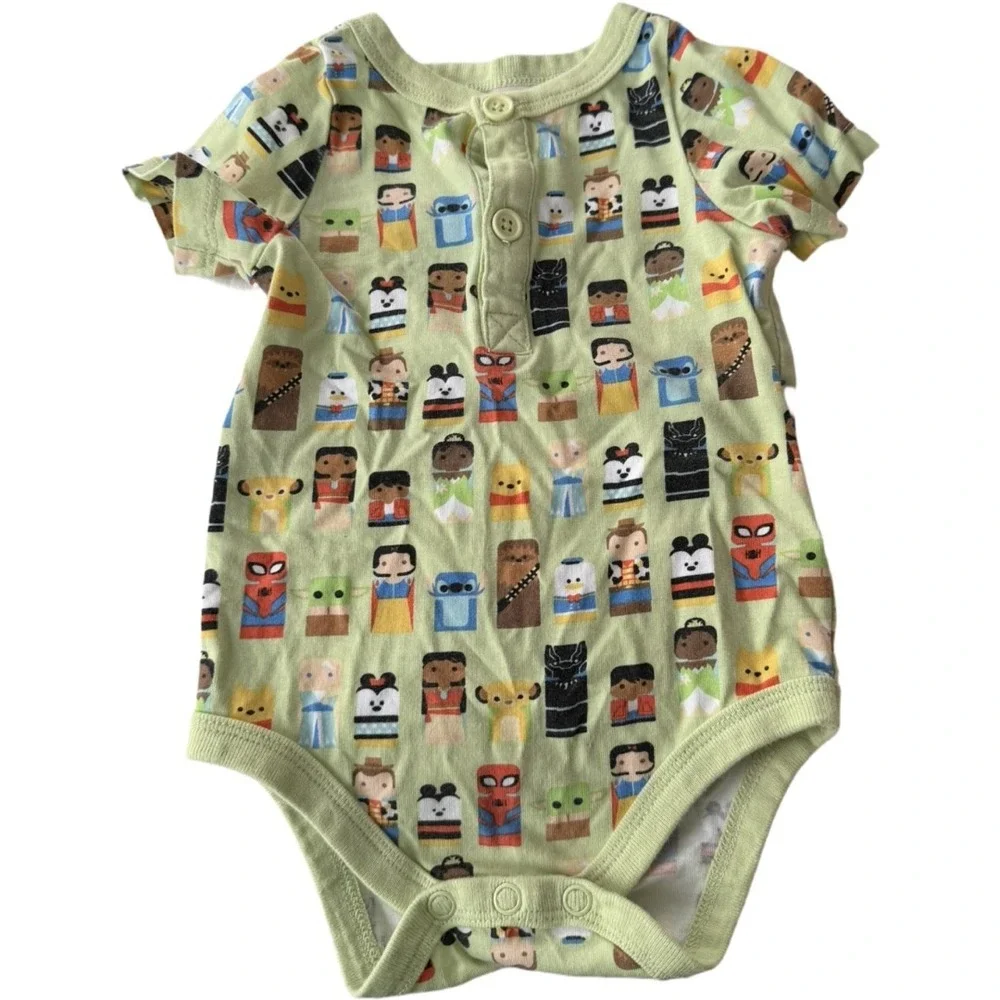 Boys Disney 100 One Piece Bodysuit 9-12M Lime Green Characters Short Sleeve